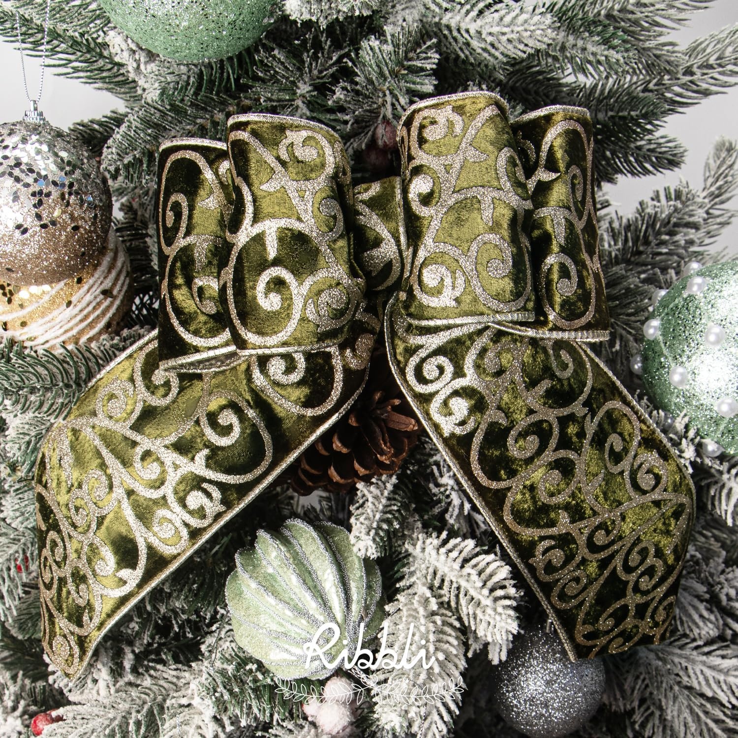 Ribbli Black Velvet Ribbon Wired with Glitter Swirl 4 Inch Christmas Ribbon for Christmas Tree Decoration Big Bow Gift Wrapping Crafts Wreaths Supplies – 10 Yards(Moss Green)