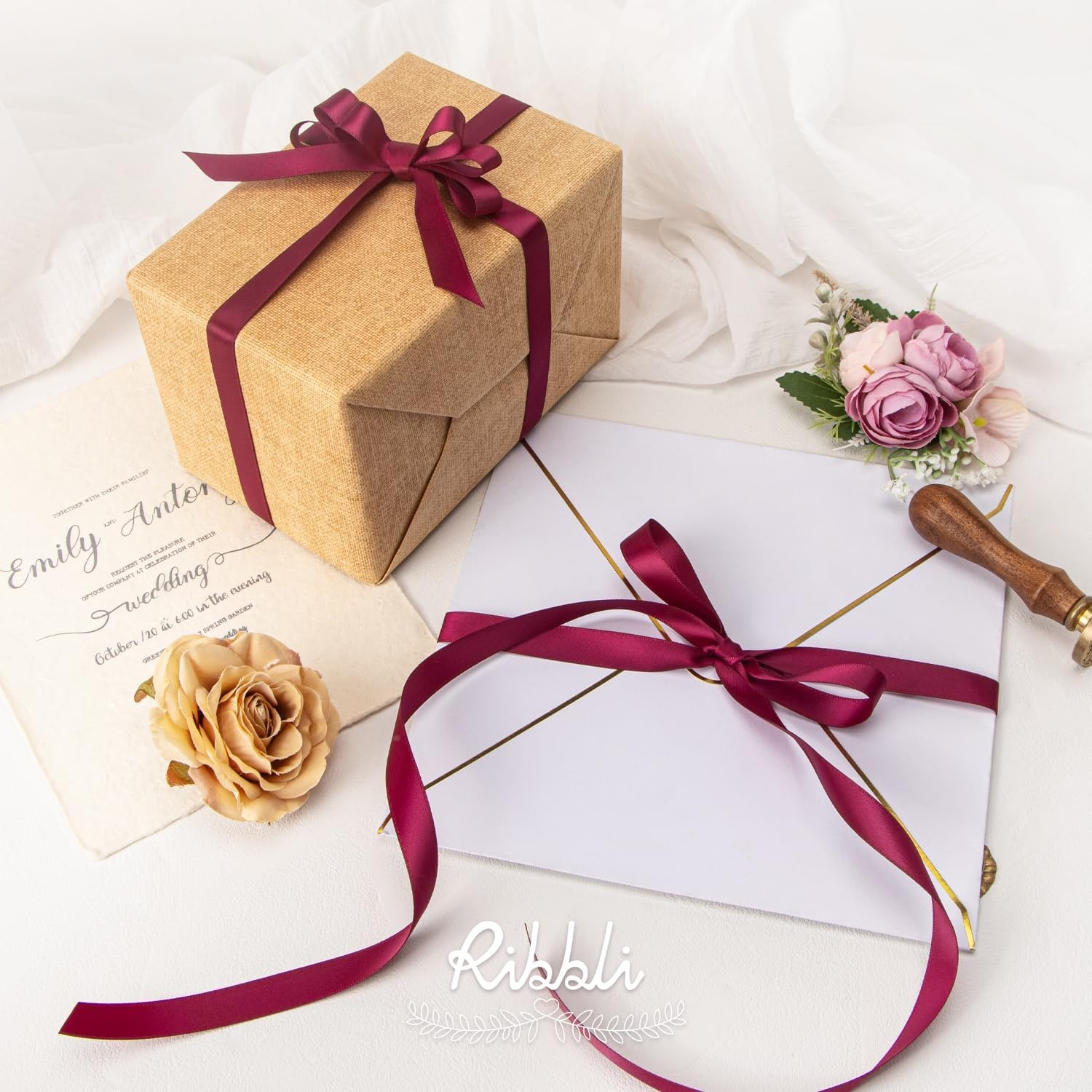 Ribbli Dusty Sage Satin Ribbon Double Faced Satin 1/2 inch x Continuous 50 Yards-Spring Moss Ribbon for Gift Wrapping Crafts Wedding Decoration Bows Bouquet Floral Arrangement(Red Wine)