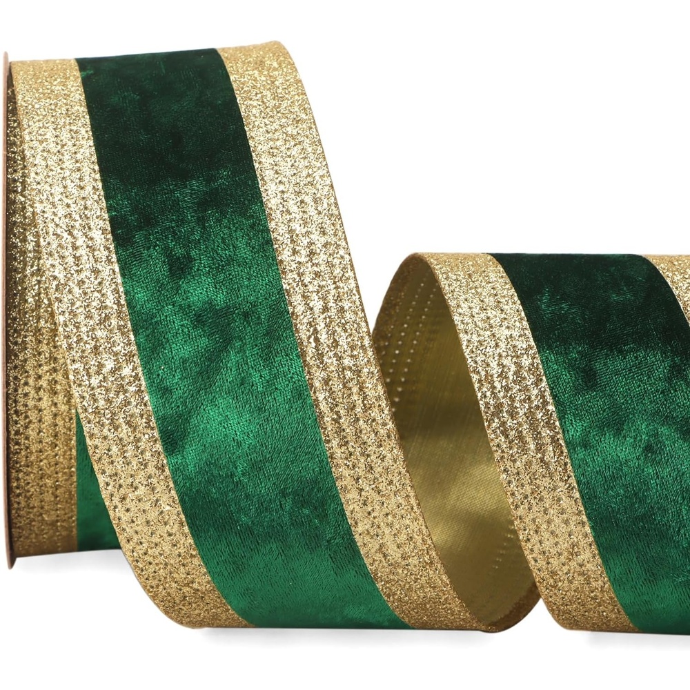 Ribbli Dusty Green Velvet Wired Ribbon with Glitter Edge 4 Inch Christmas Ribbon for Tree Gift Wrapping Wreaths Garland Topper Bows Crafts Home Decor -10 Yards(Forest Green)