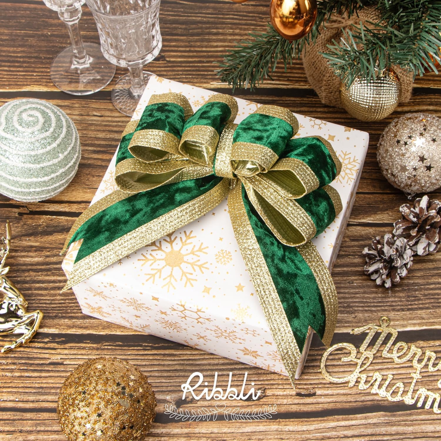 Ribbli Dusty Green Velvet Wired Ribbon with Glitter Edge 4 Inch Christmas Ribbon for Tree Gift Wrapping Wreaths Garland Topper Bows Crafts Home Decor -10 Yards(Forest Green)
