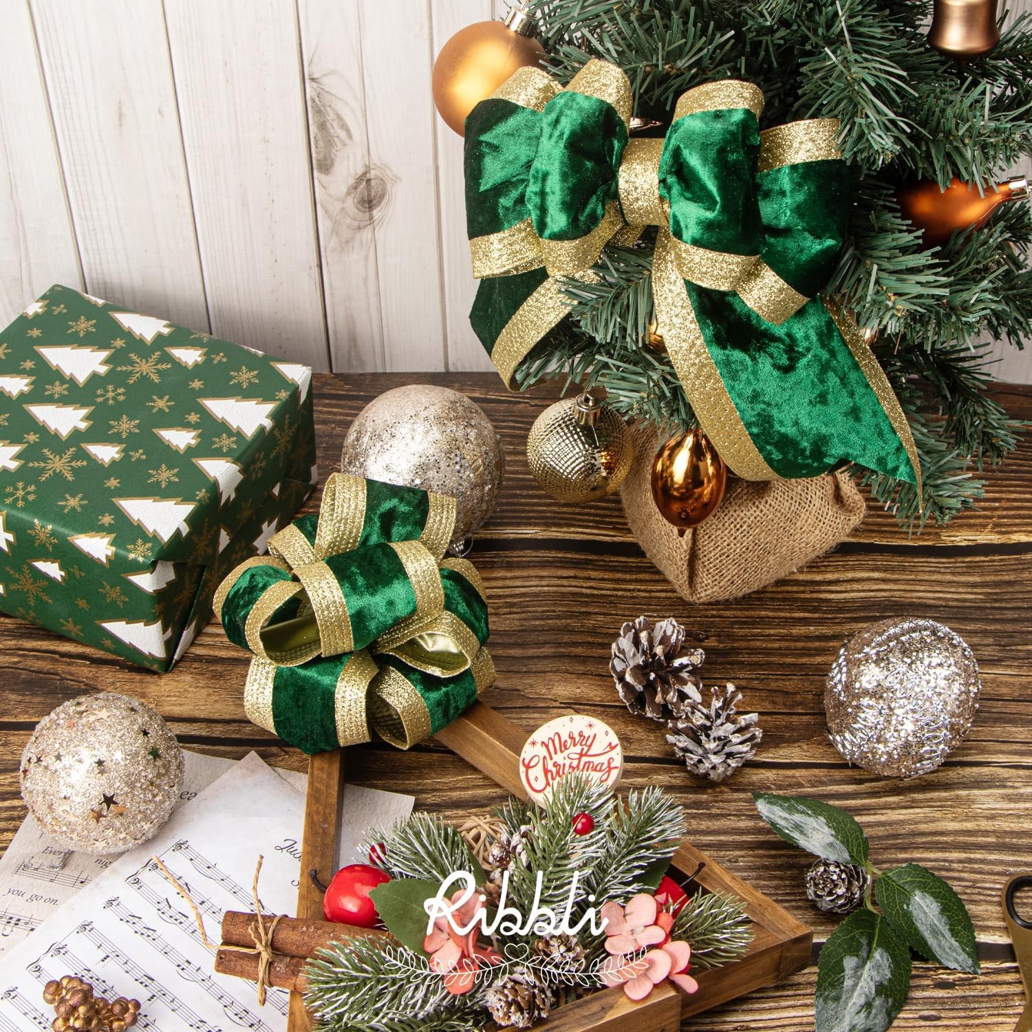 Ribbli Dusty Green Velvet Wired Ribbon with Glitter Edge 4 Inch Christmas Ribbon for Tree Gift Wrapping Wreaths Garland Topper Bows Crafts Home Decor -10 Yards(Forest Green)