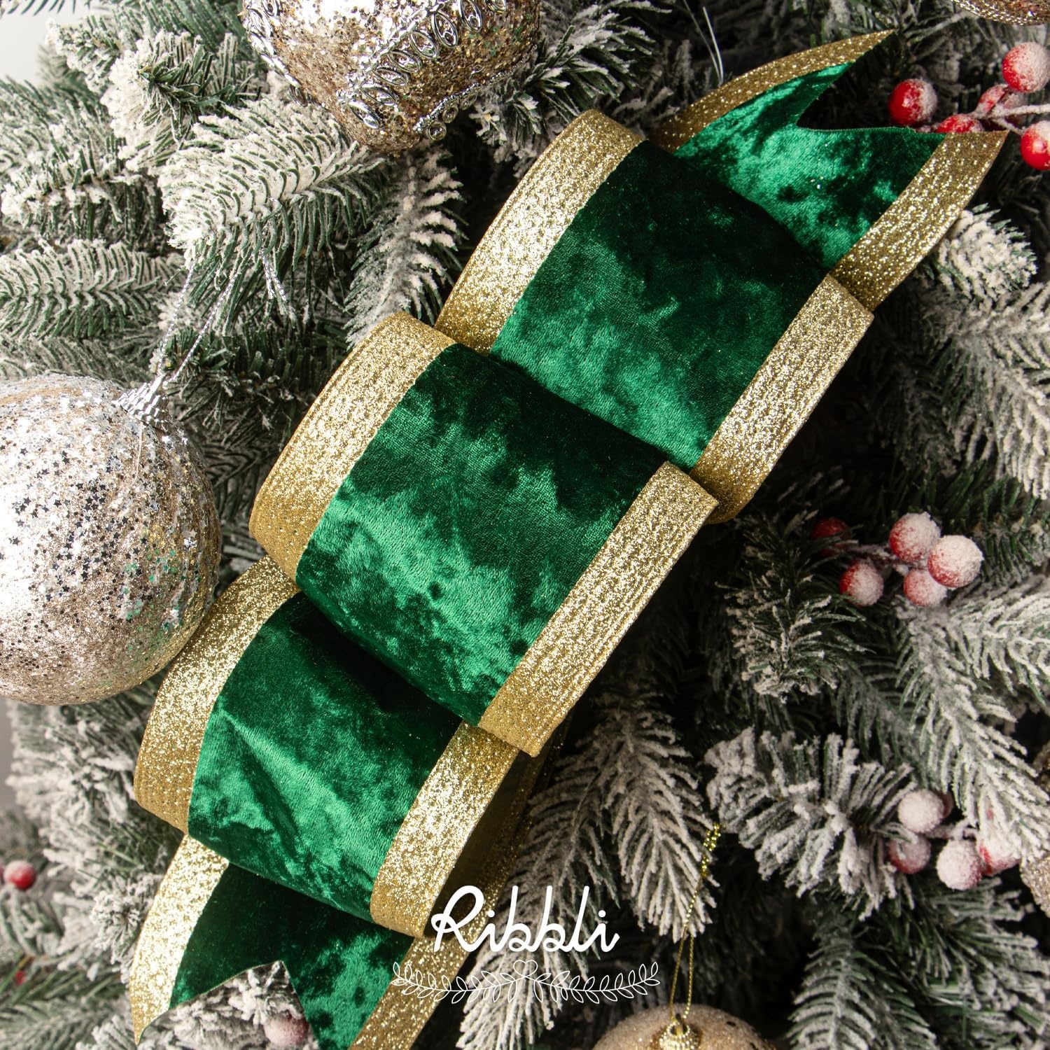 Ribbli Dusty Green Velvet Wired Ribbon with Glitter Edge 4 Inch Christmas Ribbon for Tree Gift Wrapping Wreaths Garland Topper Bows Crafts Home Decor -10 Yards(Forest Green)