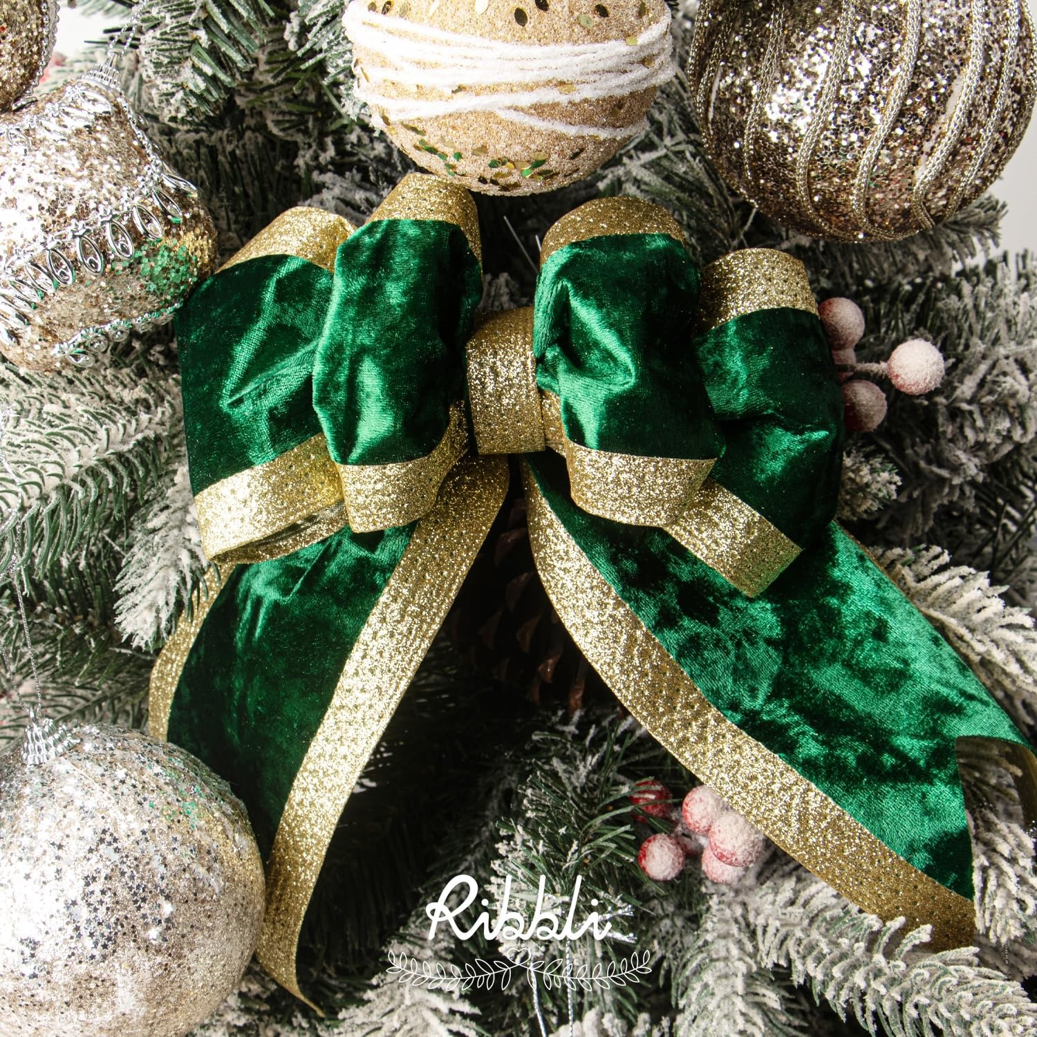 Ribbli Dusty Green Velvet Wired Ribbon with Glitter Edge 4 Inch Christmas Ribbon for Tree Gift Wrapping Wreaths Garland Topper Bows Crafts Home Decor -10 Yards(Forest Green)