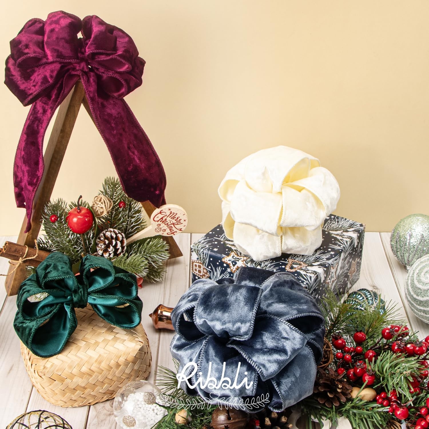 Ribbli Royal Blue Velvet Wired Ribbon 4 Inch Crushed Velvet Christmas Ribbon for Gift Wrapping Christmas Tree Decoration Crafts Wreaths Supplies-Continuous 10 Yards(Ivory)