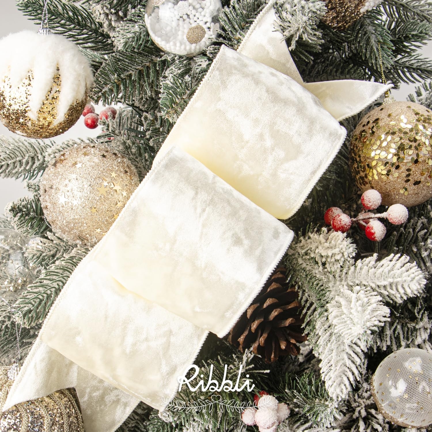 Ribbli Royal Blue Velvet Wired Ribbon 4 Inch Crushed Velvet Christmas Ribbon for Gift Wrapping Christmas Tree Decoration Crafts Wreaths Supplies-Continuous 10 Yards(Ivory)