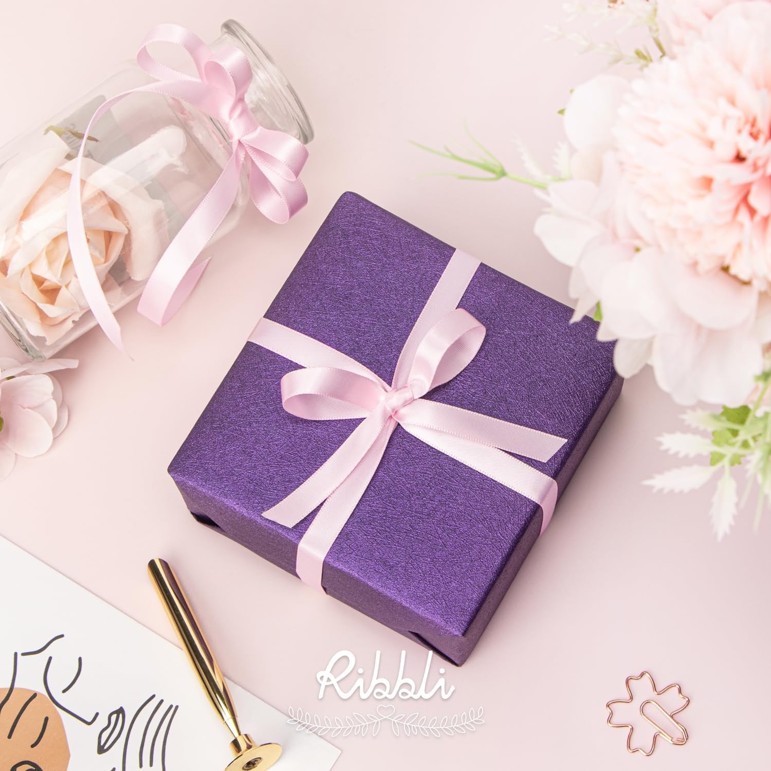 Ribbli Champagne Gold Satin Ribbon Double Faced Satin 3/8 Inch x Continuous 50 Yards-Champagne Ribbon for Gift Wrapping Crafts Wedding Decoration Bows Bouquet Floral Arrangement(Pink Light)