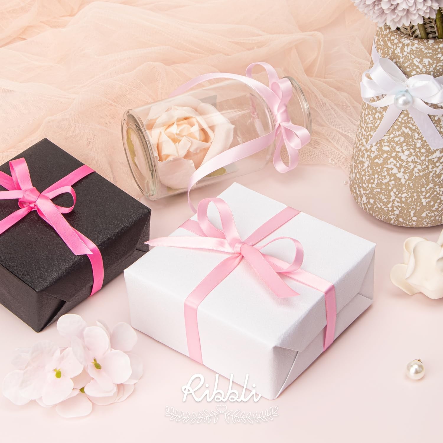 Ribbli Champagne Gold Satin Ribbon Double Faced Satin 3/8 Inch x Continuous 50 Yards-Champagne Ribbon for Gift Wrapping Crafts Wedding Decoration Bows Bouquet Floral Arrangement(Pink Light)