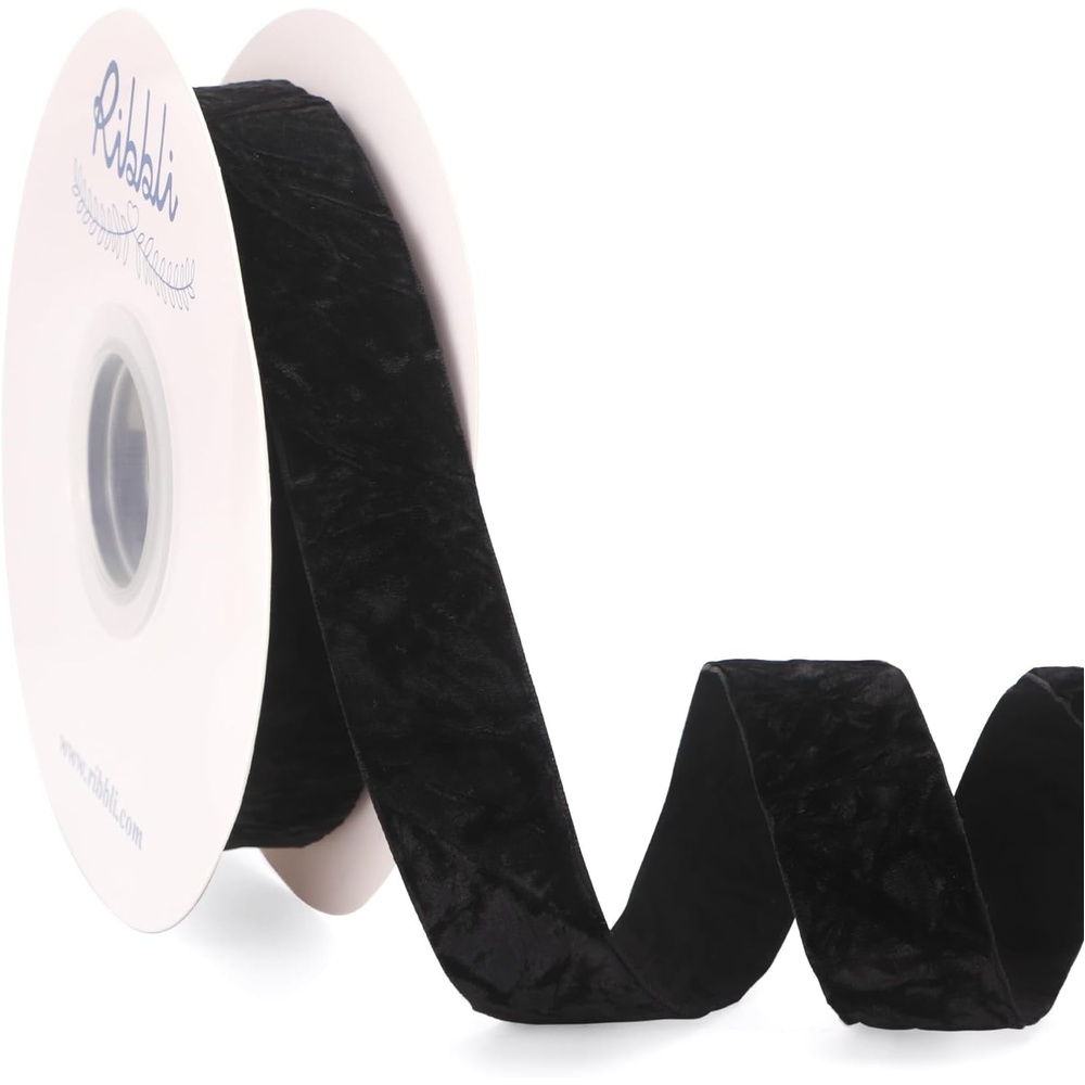 Ribbli Dusty Blue Velvet Ribbon 1 Inches Luxury Crinkled Blue Christmas Ribbon for Gift Wrapping Crafts Home Decor-Continuous 10 Yard(Black)