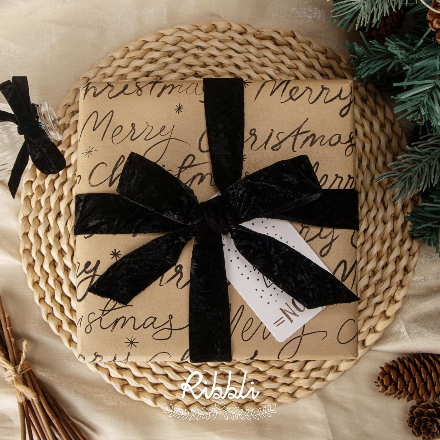 Ribbli Dusty Blue Velvet Ribbon 1 Inches Luxury Crinkled Blue Christmas Ribbon for Gift Wrapping Crafts Home Decor-Continuous 10 Yard(Black)