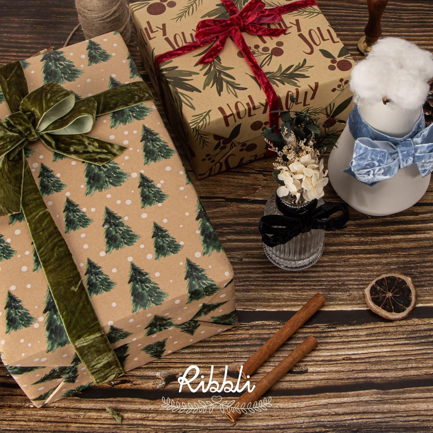 Ribbli Dusty Blue Velvet Ribbon 1 Inches Luxury Crinkled Blue Christmas Ribbon for Gift Wrapping Crafts Home Decor-Continuous 10 Yard(Black)