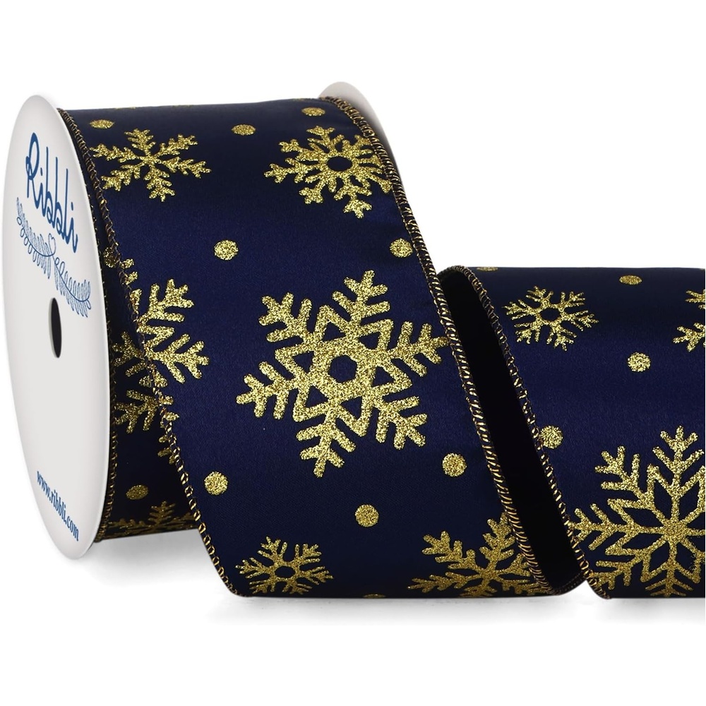 Ribbli Gold Snowflake Wired Ribbon,Ivory Satin with Big Glitter Snowflake Christmas Ribbon for Wreath ChritmasTree Decoration Gift Wrapping Home Decor, 2-1/2 Inch x 10 Yards(Navy/Gold)