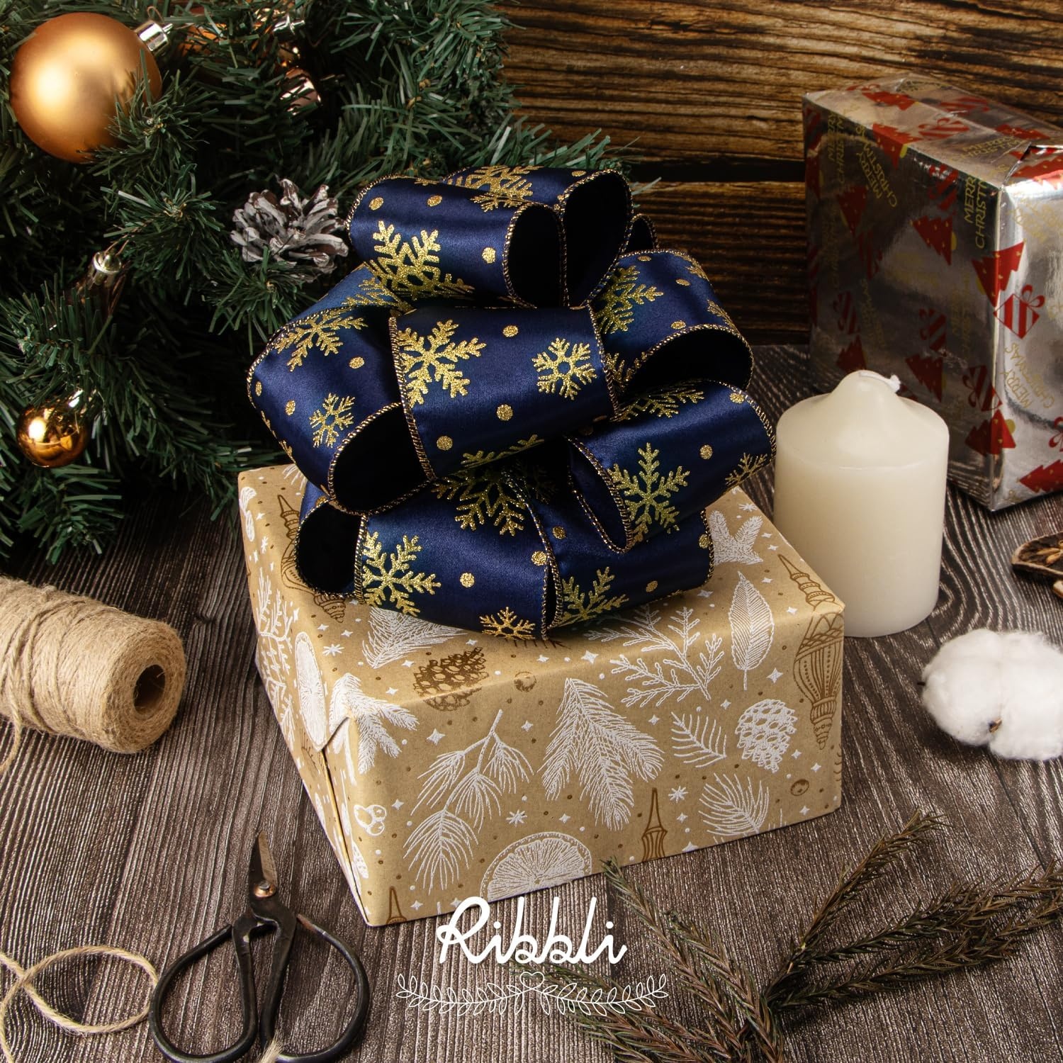 Ribbli Gold Snowflake Wired Ribbon,Ivory Satin with Big Glitter Snowflake Christmas Ribbon for Wreath ChritmasTree Decoration Gift Wrapping Home Decor, 2-1/2 Inch x 10 Yards(Navy/Gold)