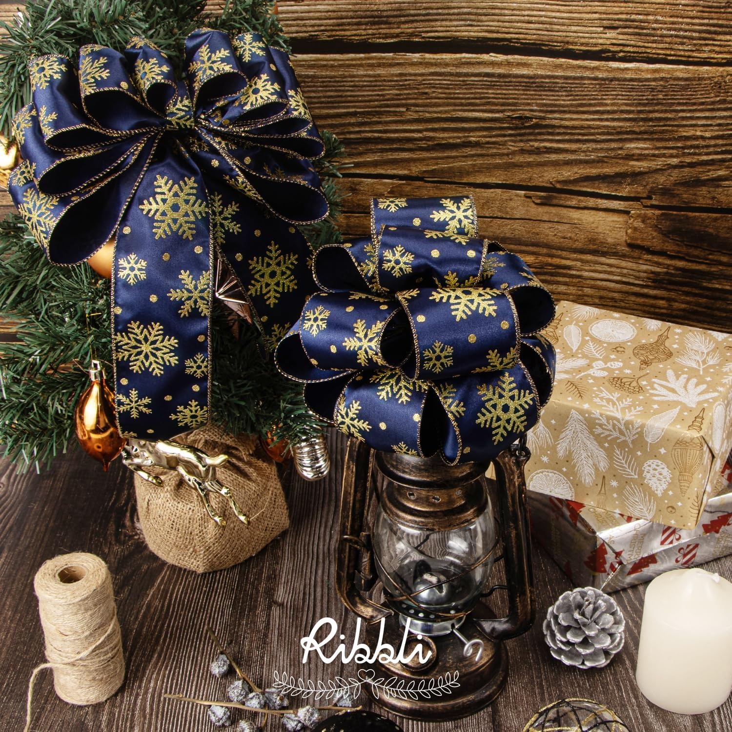 Ribbli Gold Snowflake Wired Ribbon,Ivory Satin with Big Glitter Snowflake Christmas Ribbon for Wreath ChritmasTree Decoration Gift Wrapping Home Decor, 2-1/2 Inch x 10 Yards(Navy/Gold)