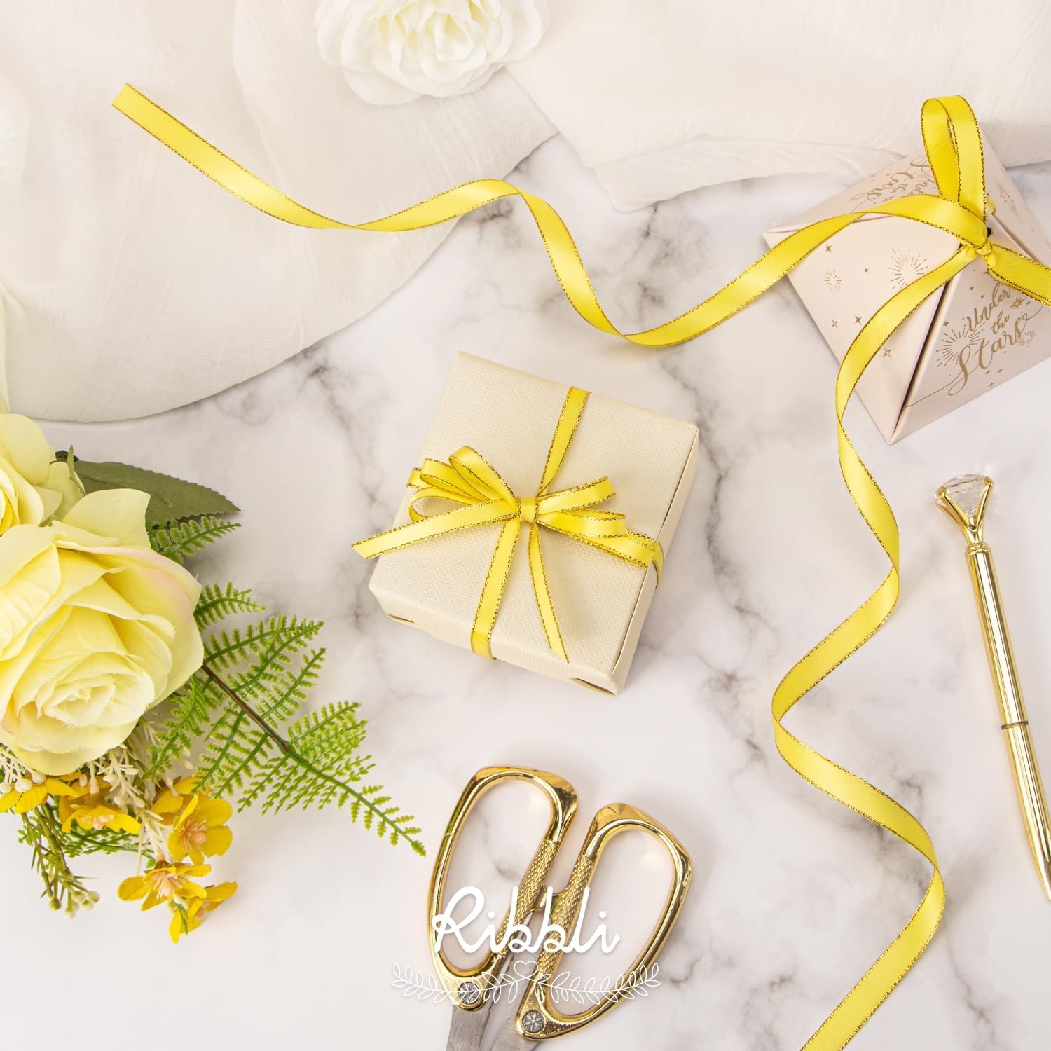 Ribbli Pearl Pink Satin Ribbon with Silver Edge,Double Faced Satin 3/8 inch x Continuous 50 Yards, Pearl Pink Ribbon Use for Crafts, Gift Wrapping, Wedding Card Decoration(Lemon Yellow/Gold)