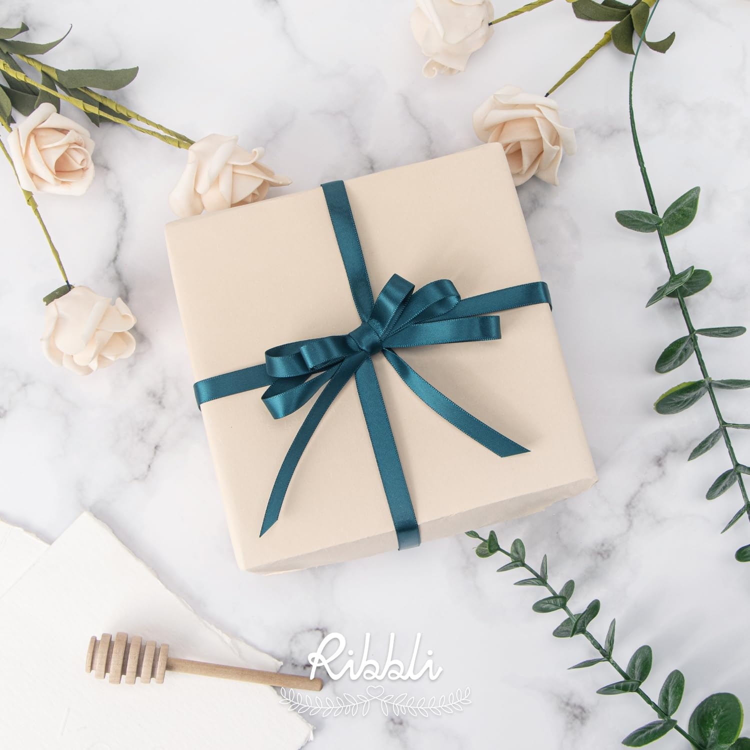 Ribbli Champagne Gold Satin Ribbon Double Faced Satin 3/8 Inch x Continuous 50 Yards-Champagne Ribbon for Gift Wrapping Crafts Wedding Decoration Bows Bouquet Floral Arrangement(Green Teal)