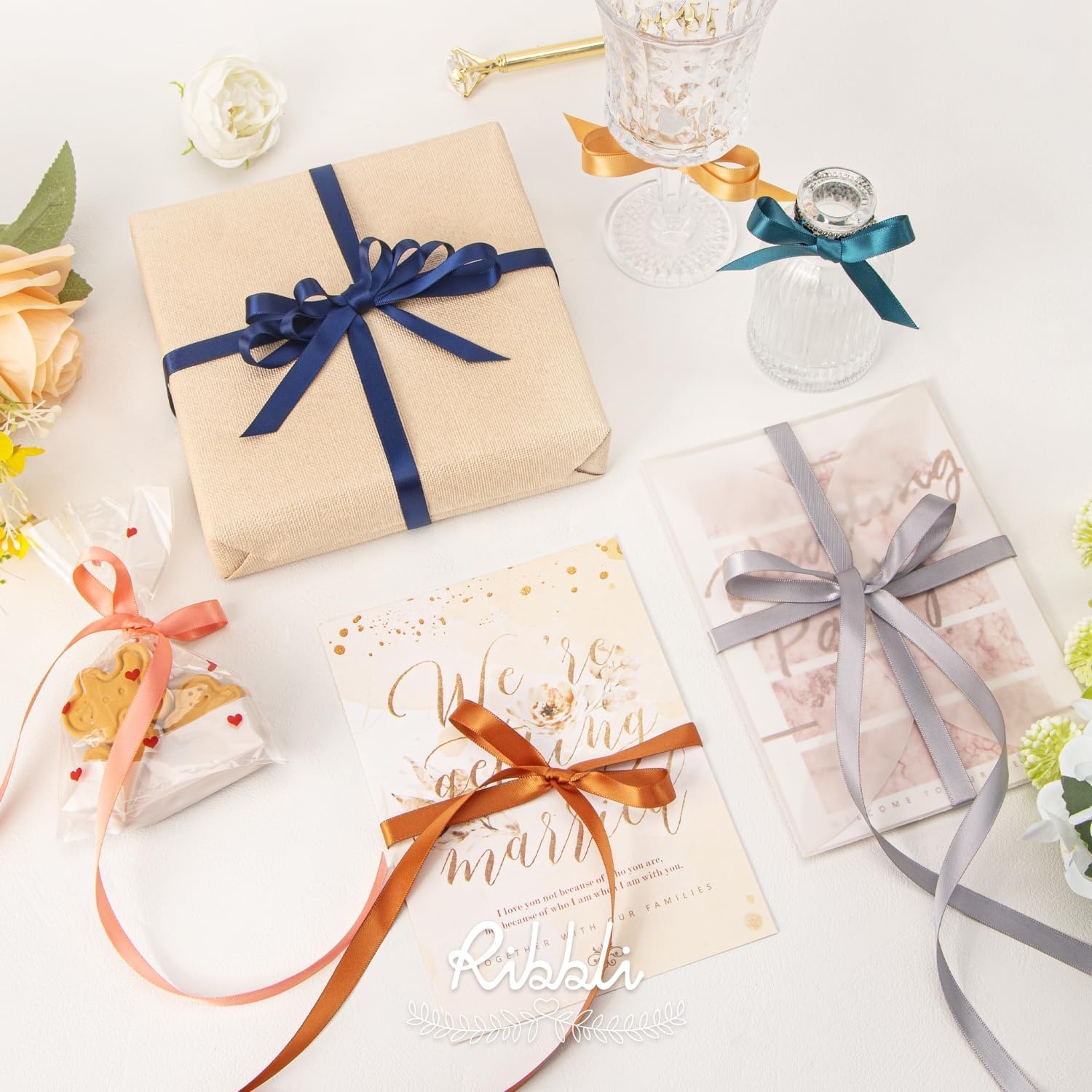 Ribbli Champagne Gold Satin Ribbon Double Faced Satin 3/8 Inch x Continuous 50 Yards-Champagne Ribbon for Gift Wrapping Crafts Wedding Decoration Bows Bouquet Floral Arrangement(Green Teal)