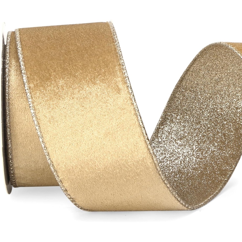 Ribbli Light Champagne Velvet Wired Ribbon 4 Inch Ivory Velvet with Champagne Glitter Christmas Ribbon for Christmas Tree Decoration Big Bow Gift Wrapping Crafts Wreaths Supplies- 10 Yards(Champagne Gold)