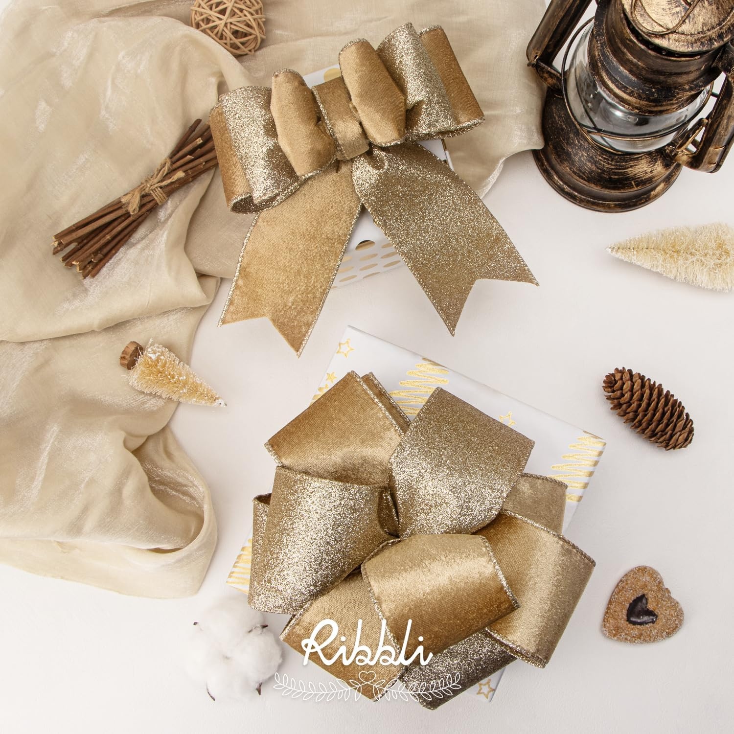 Ribbli Light Champagne Velvet Wired Ribbon 4 Inch Ivory Velvet with Champagne Glitter Christmas Ribbon for Christmas Tree Decoration Big Bow Gift Wrapping Crafts Wreaths Supplies- 10 Yards(Champagne Gold)