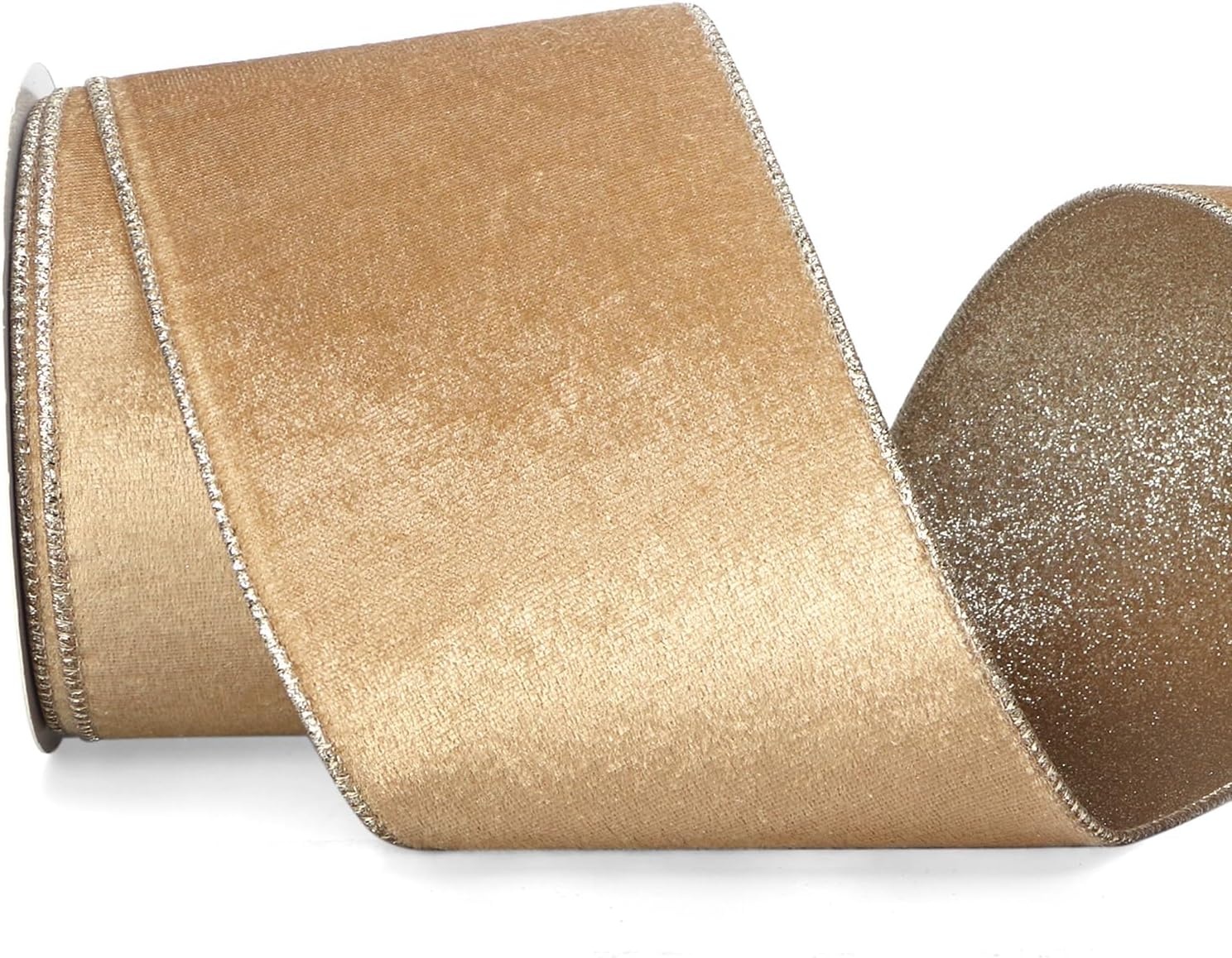 Ribbli Light Champagne Velvet Wired Ribbon 4 Inch Ivory Velvet with Champagne Glitter Christmas Ribbon for Christmas Tree Decoration Big Bow Gift Wrapping Crafts Wreaths Supplies- 10 Yards(Champagne Gold)