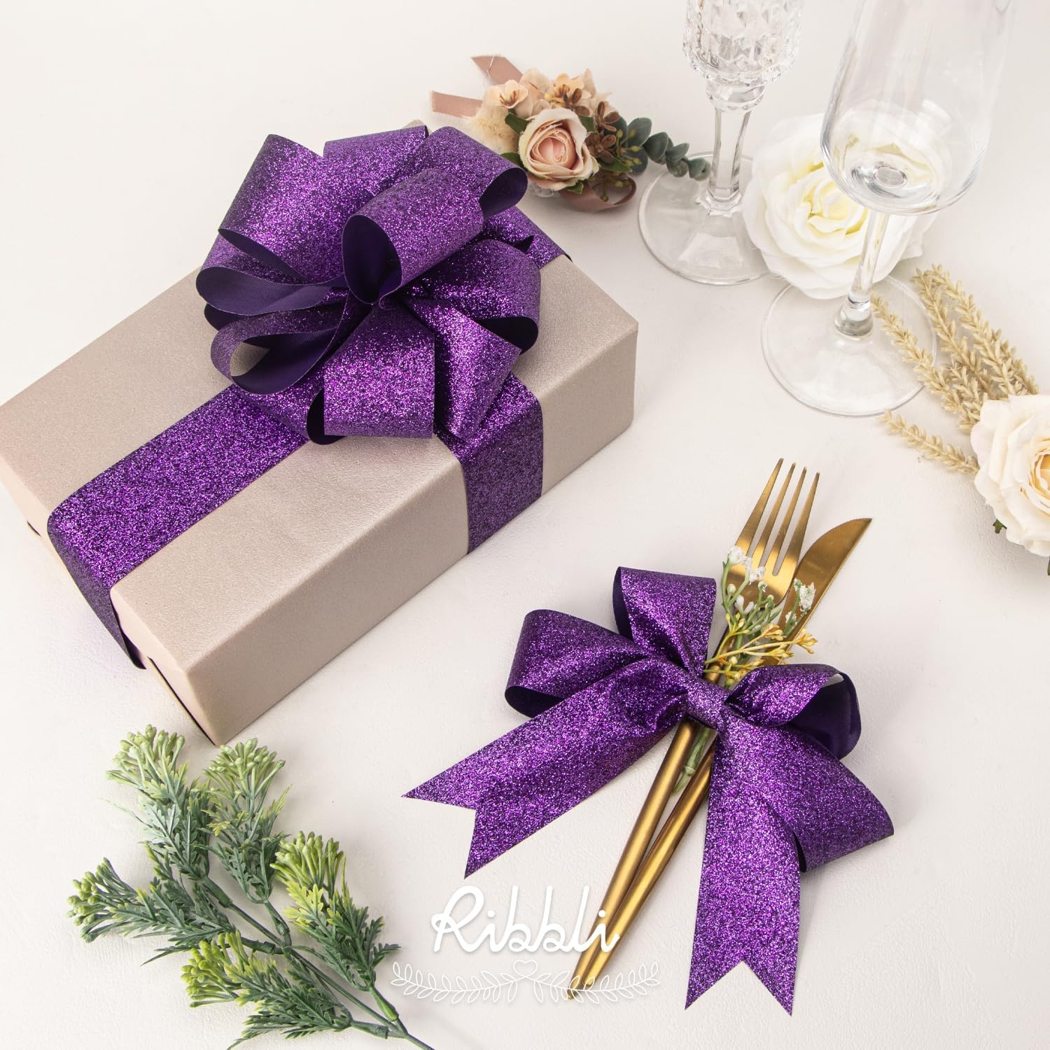 Ribbli Royal Blue Glitter Ribbon,Gift Wrapping Cut Edge Christmas Ribbon for Crafts, Chritmas Tree Decoration,Ornaments Decoration,Home Decor, 3/8 Inch x 25 Yards(Purple)