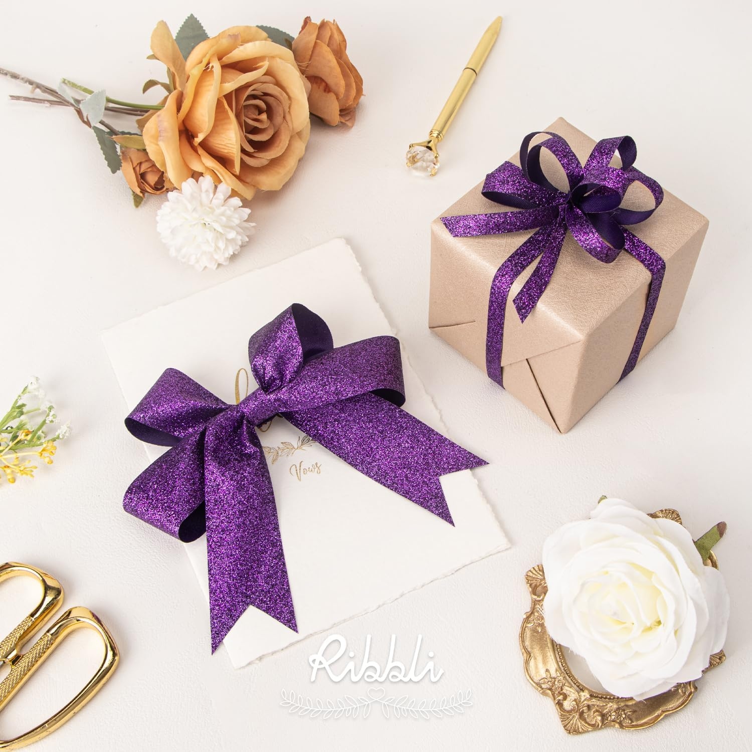 Ribbli Royal Blue Glitter Ribbon,Gift Wrapping Cut Edge Christmas Ribbon for Crafts, Chritmas Tree Decoration,Ornaments Decoration,Home Decor, 3/8 Inch x 25 Yards(Purple)