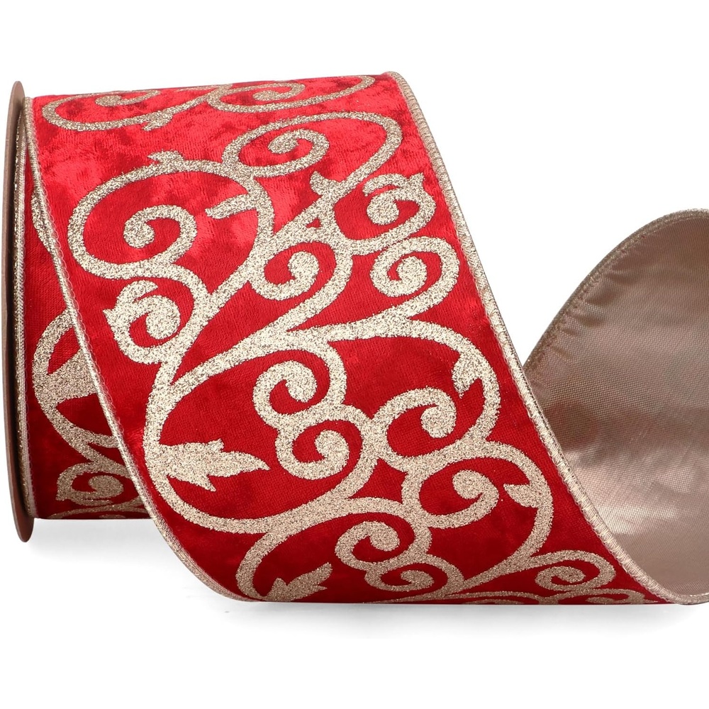 Ribbli Sage Green Velvet Ribbon Wired with Glitter Swirl 4 Inch Christmas Ribbon for Christmas Tree Decoration Big Bow Gift Wrapping Crafts Wreaths Supplies – 10 Yards(Red)