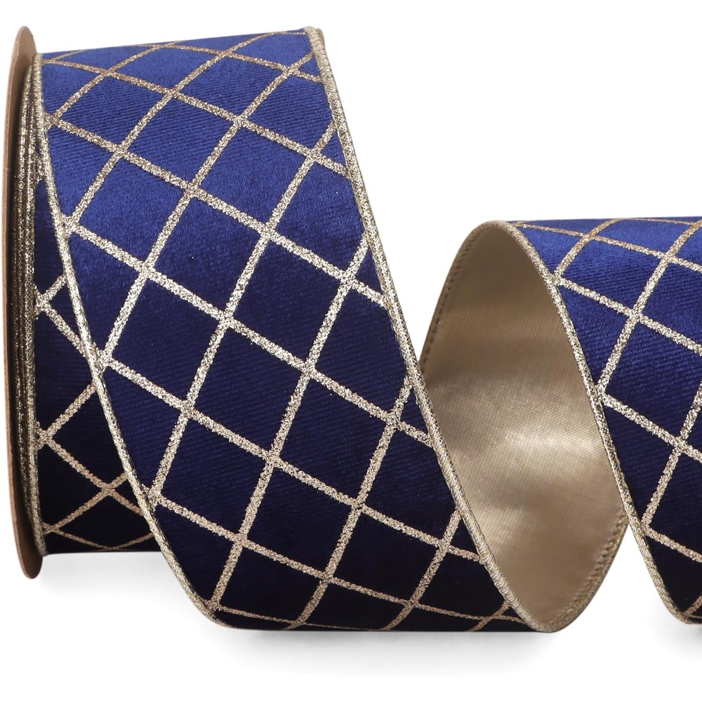 Ribbli Dusty Green Velvet Ribbon Wired with Glitter Diamond Grid 2-1/2 Inch Christmas Ribbon for Christmas Tree Decoration Big Bow Gift Wrapping Crafts Wreaths Garland Supplies – 10 Yards(Navy Blue)