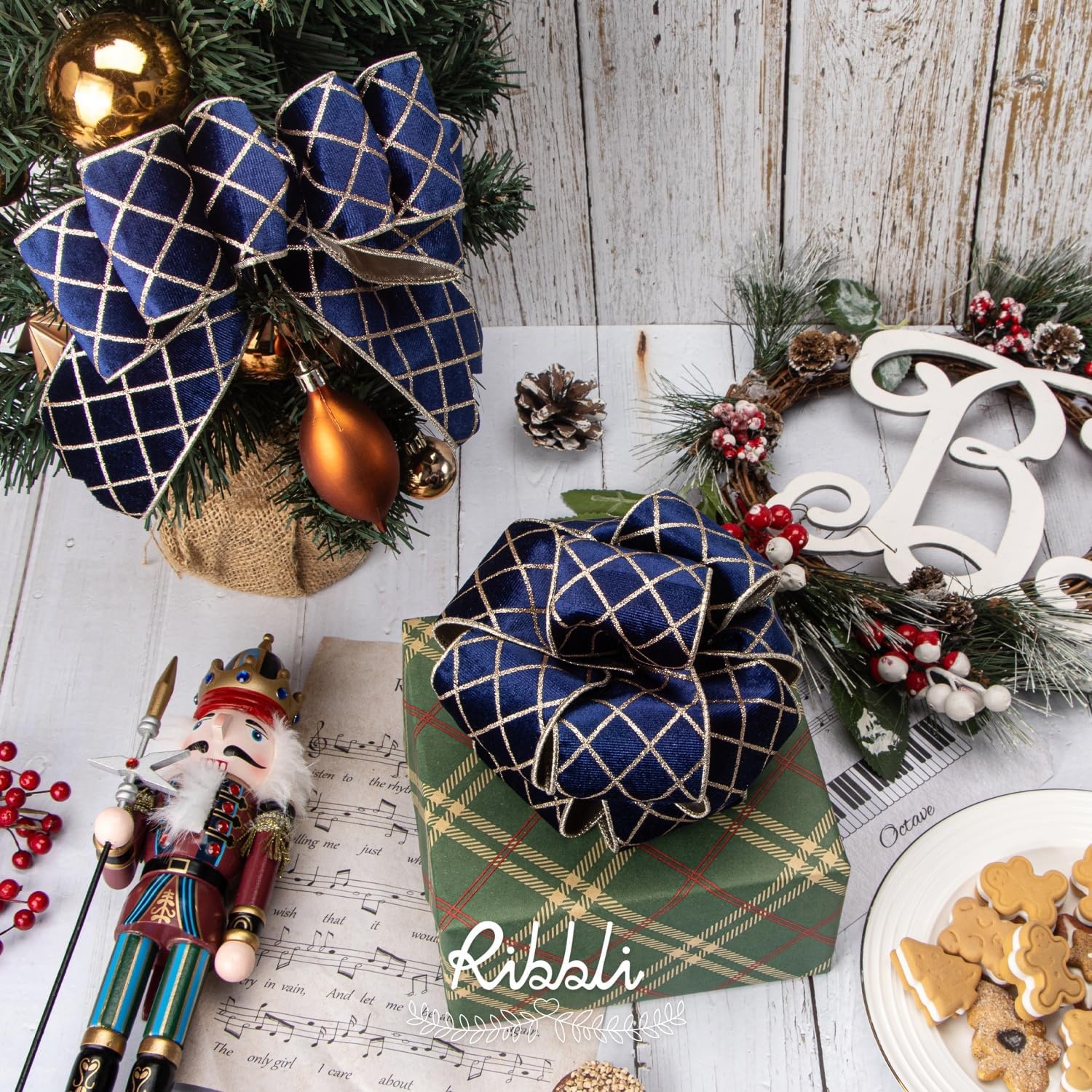 Ribbli Dusty Green Velvet Ribbon Wired with Glitter Diamond Grid 2-1/2 Inch Christmas Ribbon for Christmas Tree Decoration Big Bow Gift Wrapping Crafts Wreaths Garland Supplies – 10 Yards(Navy Blue)