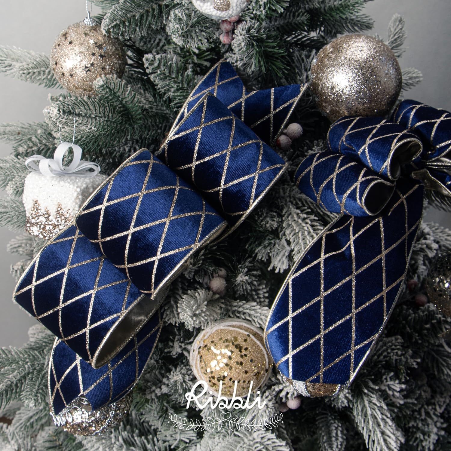 Ribbli Dusty Green Velvet Ribbon Wired with Glitter Diamond Grid 2-1/2 Inch Christmas Ribbon for Christmas Tree Decoration Big Bow Gift Wrapping Crafts Wreaths Garland Supplies – 10 Yards(Navy Blue)