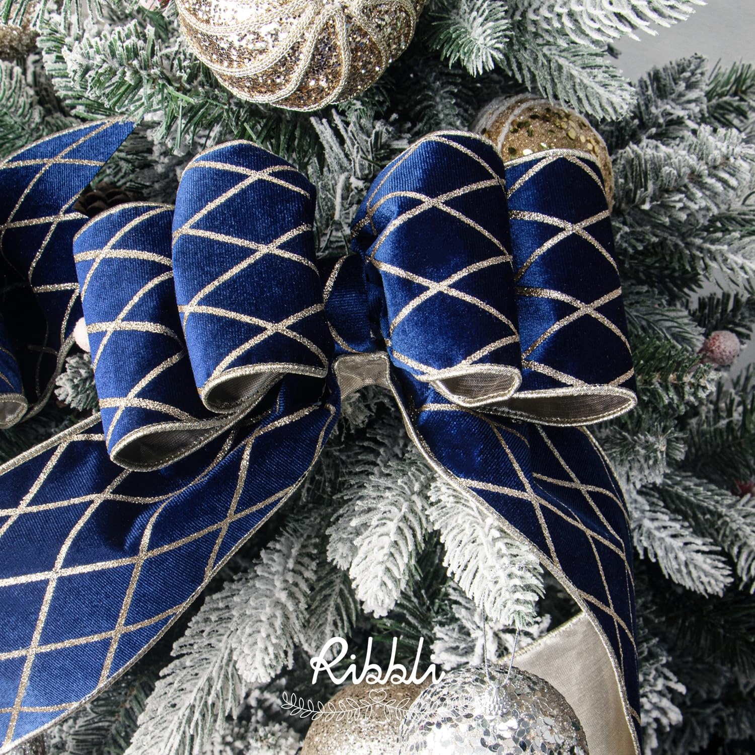 Ribbli Dusty Green Velvet Ribbon Wired with Glitter Diamond Grid 2-1/2 Inch Christmas Ribbon for Christmas Tree Decoration Big Bow Gift Wrapping Crafts Wreaths Garland Supplies – 10 Yards(Navy Blue)
