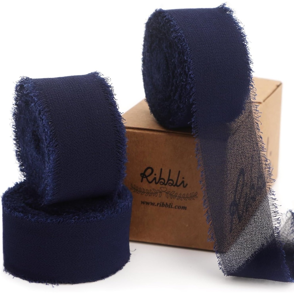 Ribbli Creamy Sage Ribbon 1 Inch x 3 Rolls Total 24 Yards Light Green Handmade Fringe Chiffon Silk Ribbon for Wrapping Wedding Invitations Bridal Bouquets DIY Crafts Home Decor(Navy)