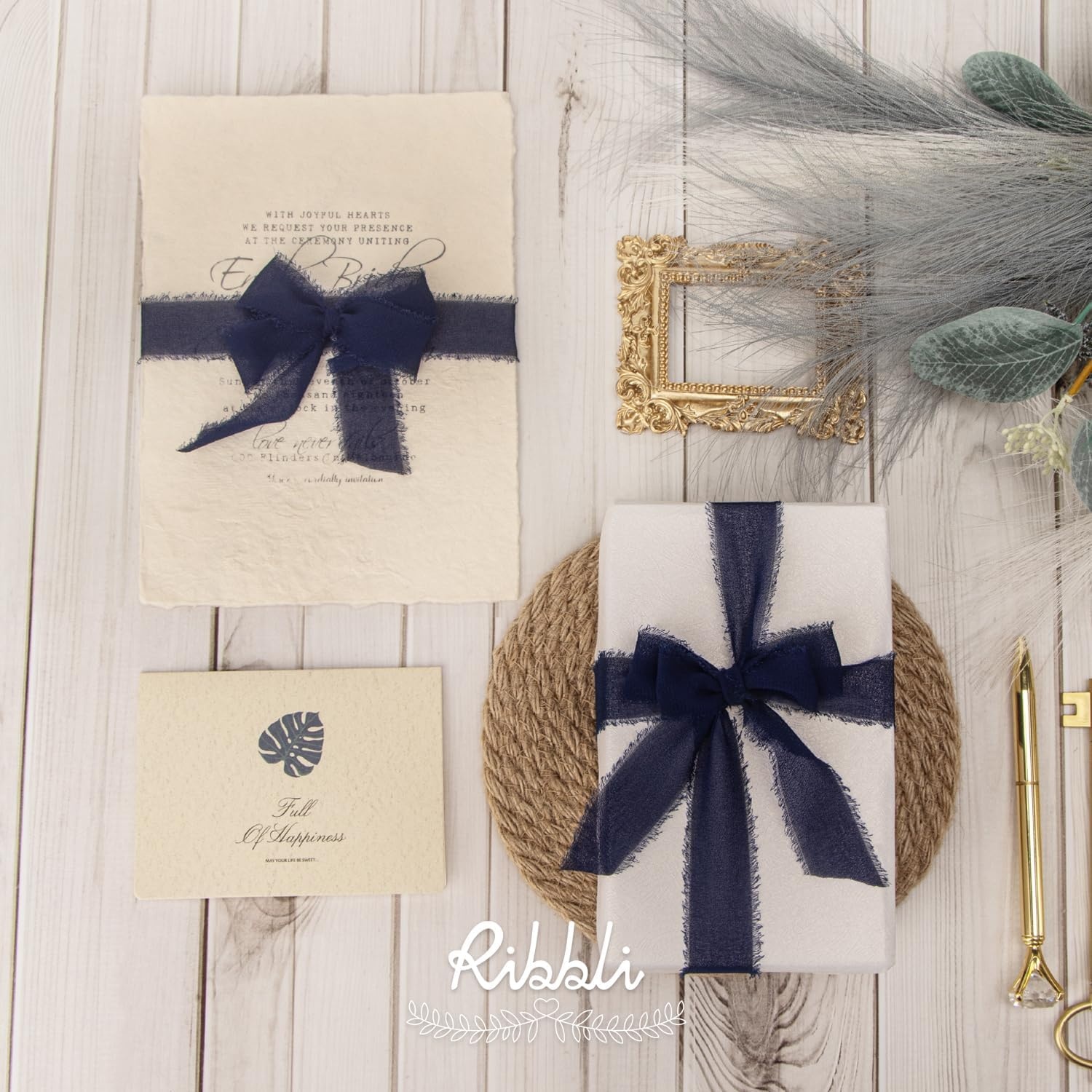 Ribbli Creamy Sage Ribbon 1 Inch x 3 Rolls Total 24 Yards Light Green Handmade Fringe Chiffon Silk Ribbon for Wrapping Wedding Invitations Bridal Bouquets DIY Crafts Home Decor(Navy)