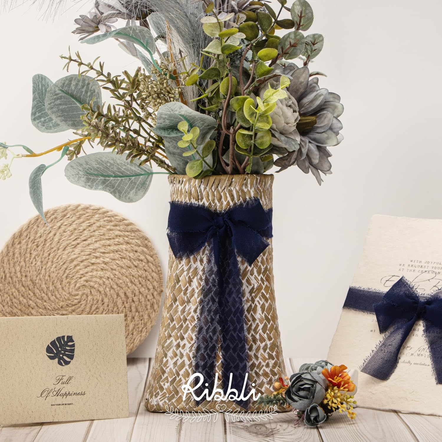 Ribbli Creamy Sage Ribbon 1 Inch x 3 Rolls Total 24 Yards Light Green Handmade Fringe Chiffon Silk Ribbon for Wrapping Wedding Invitations Bridal Bouquets DIY Crafts Home Decor(Navy)