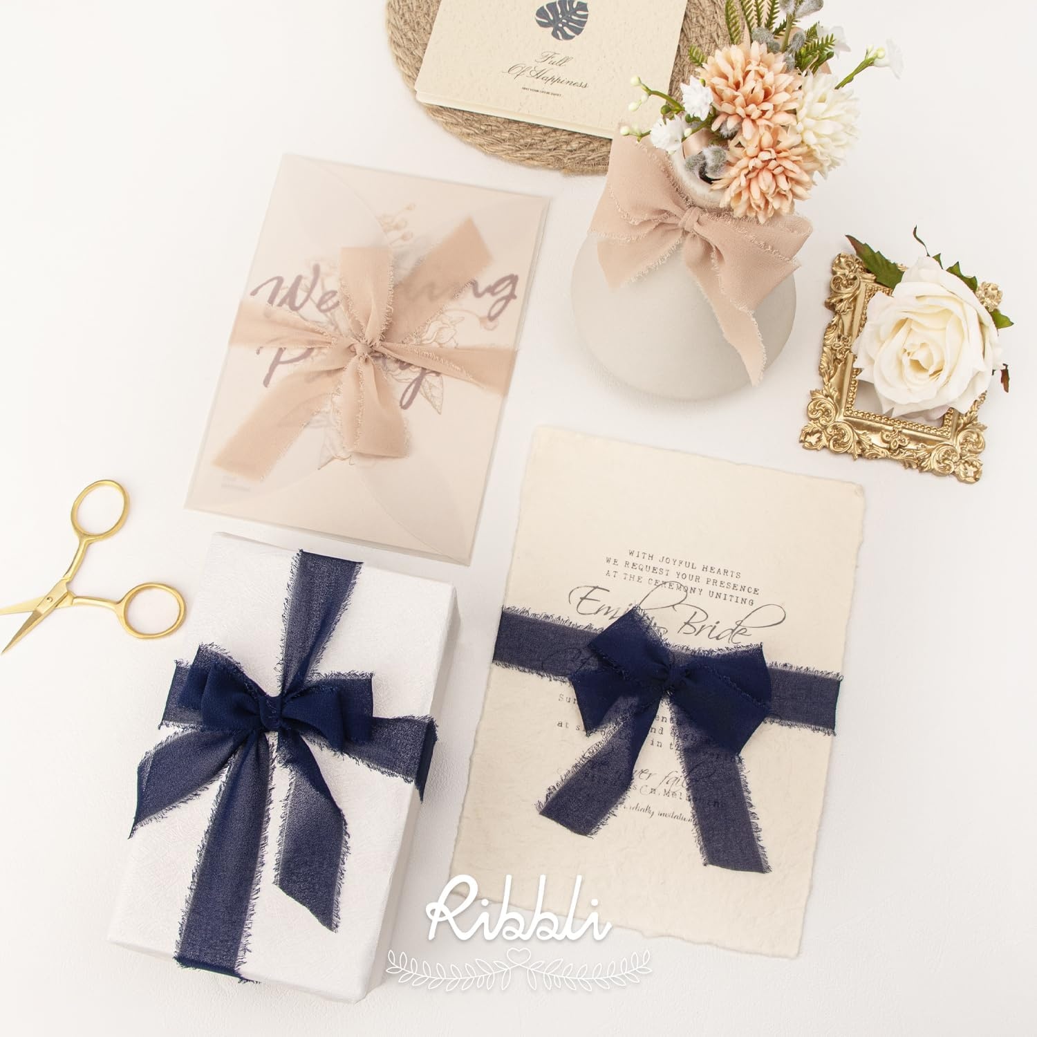 Ribbli Creamy Sage Ribbon 1 Inch x 3 Rolls Total 24 Yards Light Green Handmade Fringe Chiffon Silk Ribbon for Wrapping Wedding Invitations Bridal Bouquets DIY Crafts Home Decor(Navy)