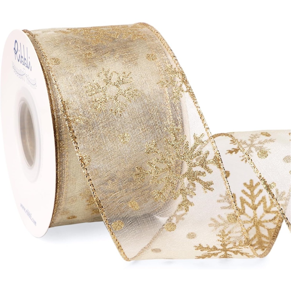 Ribbli Christmas Snowflake Glitter Wired Organza Sheer Ribbon, 2-1/2 Inch x 20 Yards Champagne with Gold Glitter Snowflake Pattern for Tree Decoration(Champagne/Gold)
