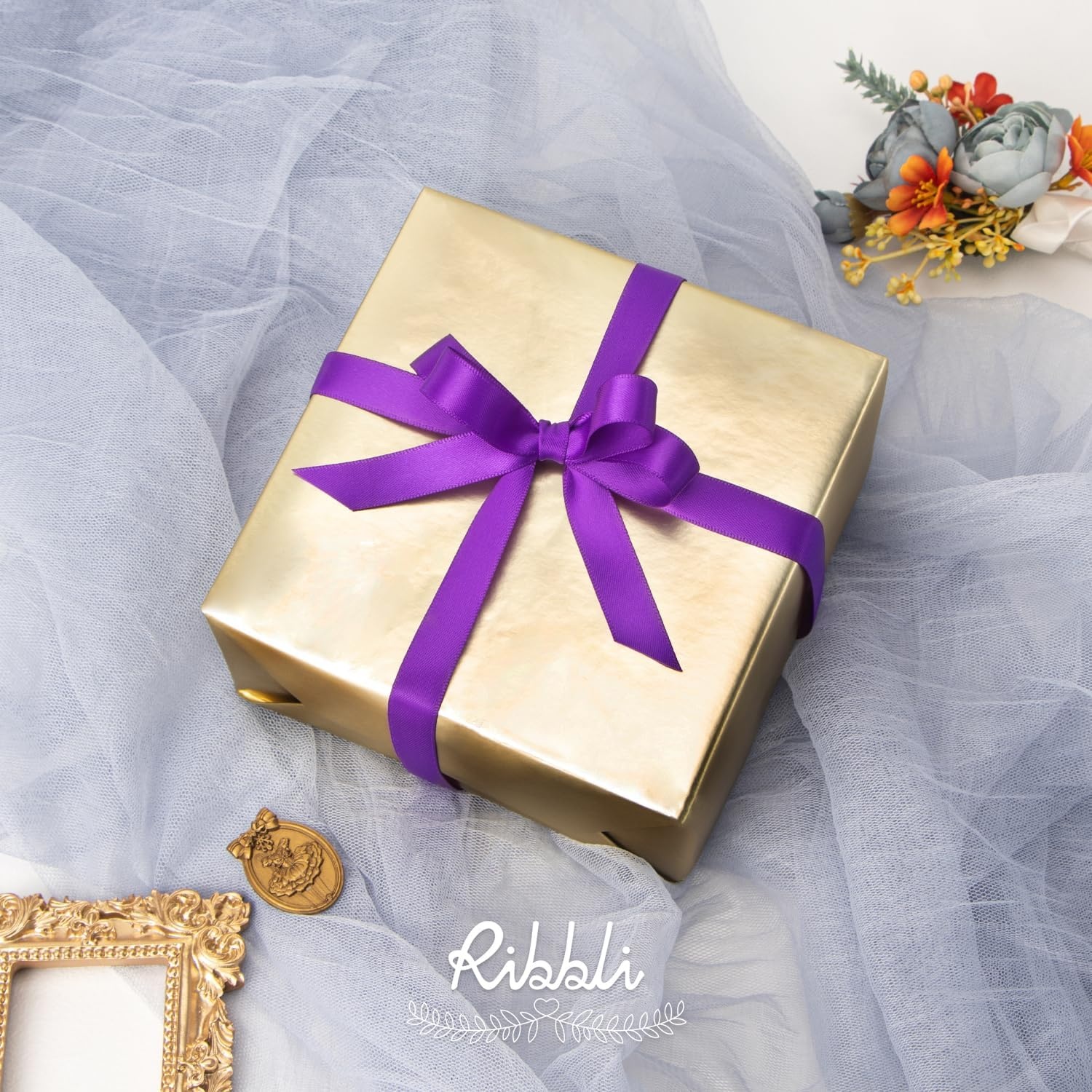 Ribbli Dusty Blue Satin Ribbon Double Faced Satin 1-1/2 Inch x Continuous 50 Yards-Blue Ribbon for Gift Wrapping Crafts Wedding Decoration Bows Bouquet Floral Arrangement(Purple)