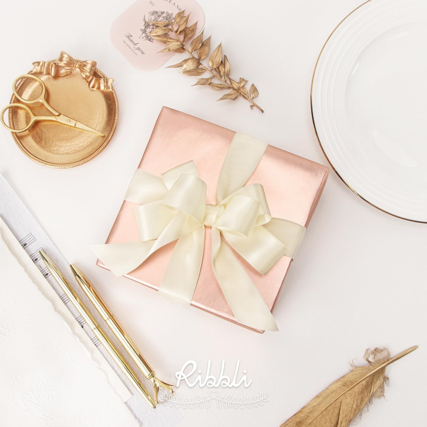 Ribbli Double Faced Rose Gold Satin Ribbon,3/8 x Continuous 25 Yards,Use for Bows Bouquet,Gift Wrapping,Floral Arrangement(Ivory)
