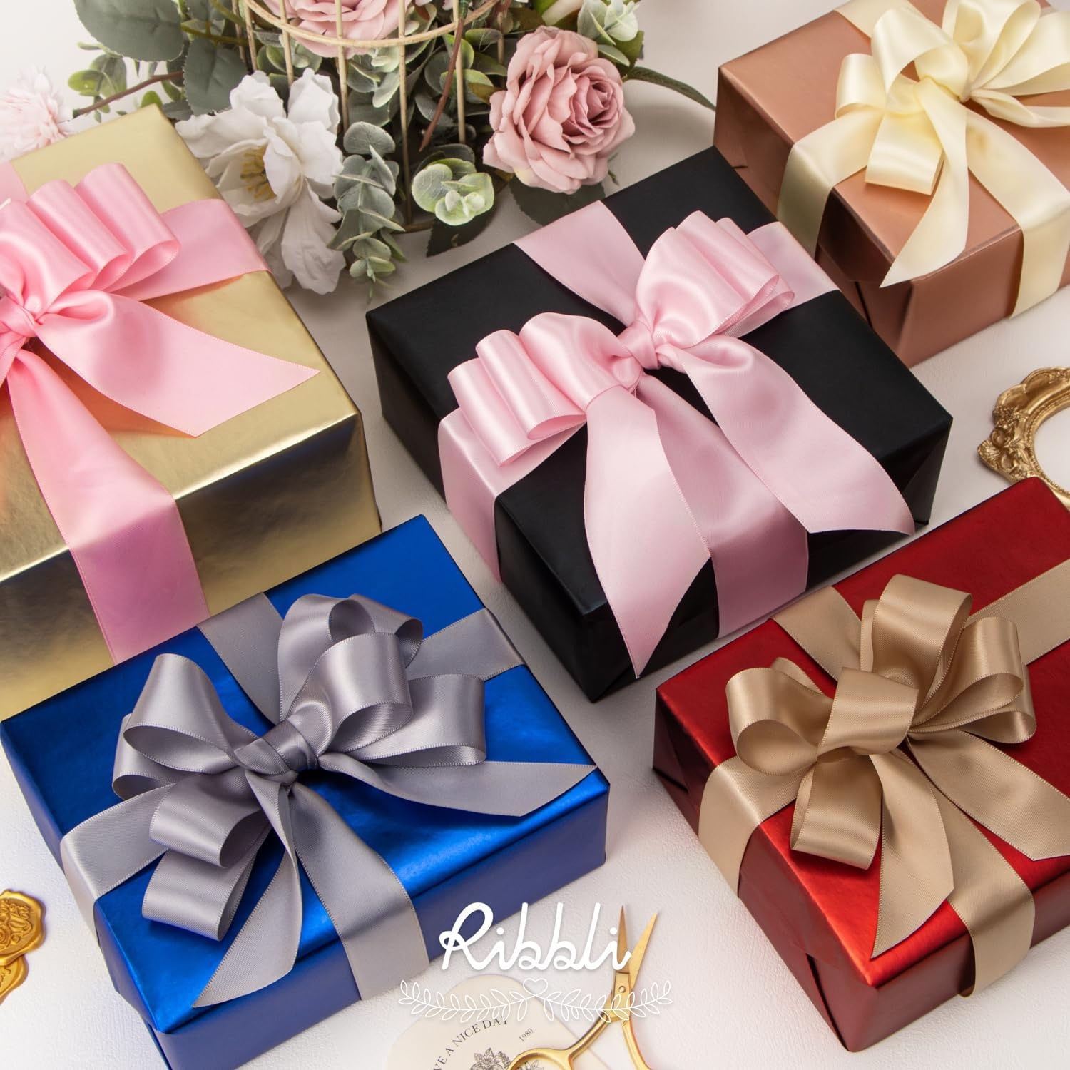 Ribbli Double Faced Rose Gold Satin Ribbon,3/8 x Continuous 25 Yards,Use for Bows Bouquet,Gift Wrapping,Floral Arrangement(Ivory)