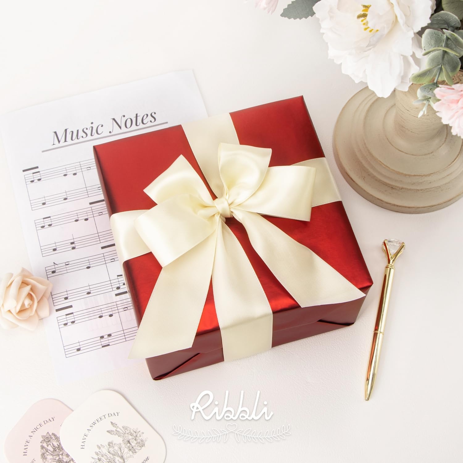 Ribbli Double Faced Rose Gold Satin Ribbon,3/8 x Continuous 25 Yards,Use for Bows Bouquet,Gift Wrapping,Floral Arrangement(Ivory)