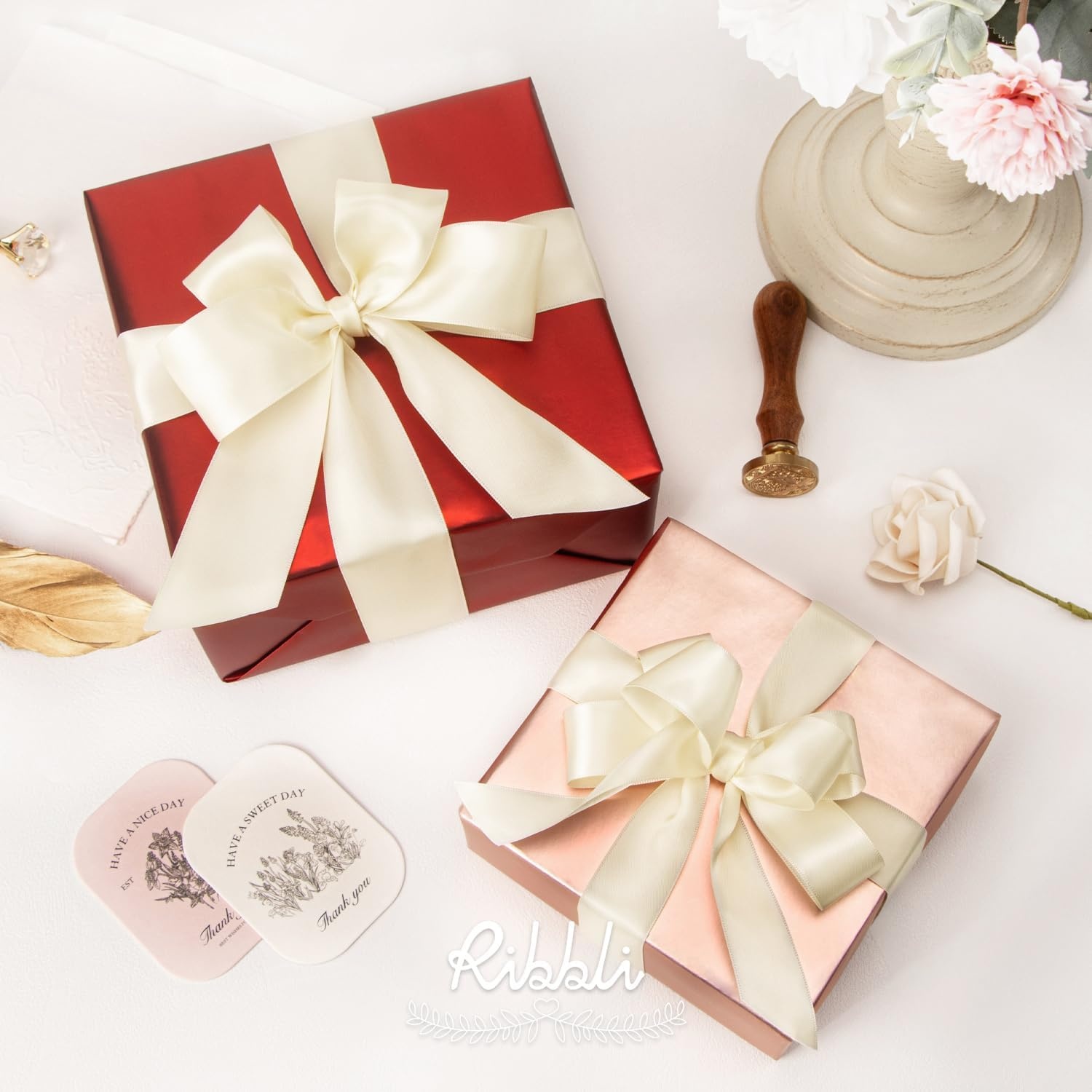 Ribbli Double Faced Rose Gold Satin Ribbon,3/8 x Continuous 25 Yards,Use for Bows Bouquet,Gift Wrapping,Floral Arrangement(Ivory)