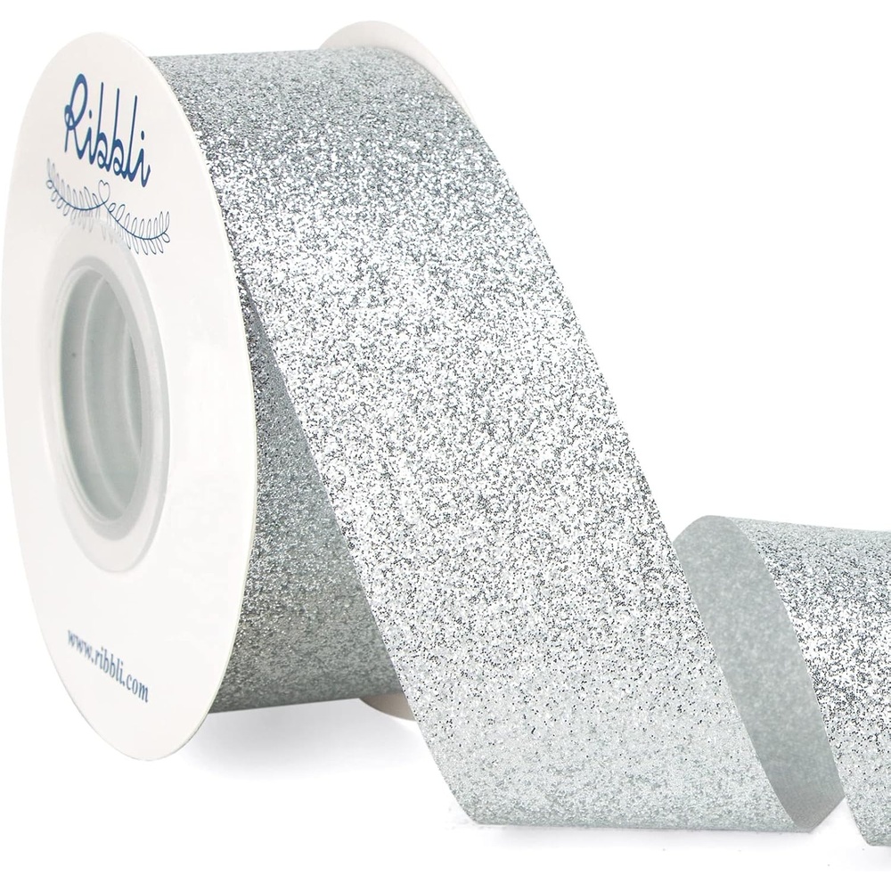 Ribbli Royal Blue Glitter Ribbon,Gift Wrapping Cut Edge Christmas Ribbon for Crafts, Chritmas Tree Decoration,Ornaments Decoration,Home Decor, 3/8 Inch x 25 Yards(Silver)