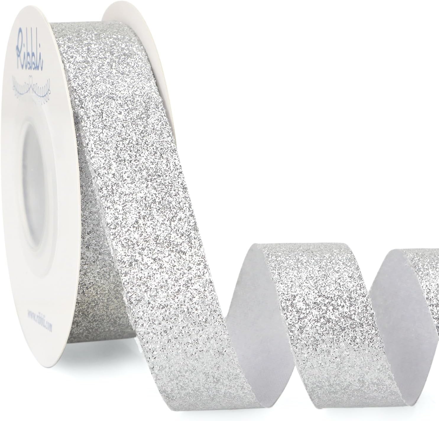 Ribbli Royal Blue Glitter Ribbon,Gift Wrapping Cut Edge Christmas Ribbon for Crafts, Chritmas Tree Decoration,Ornaments Decoration,Home Decor, 3/8 Inch x 25 Yards(Silver)