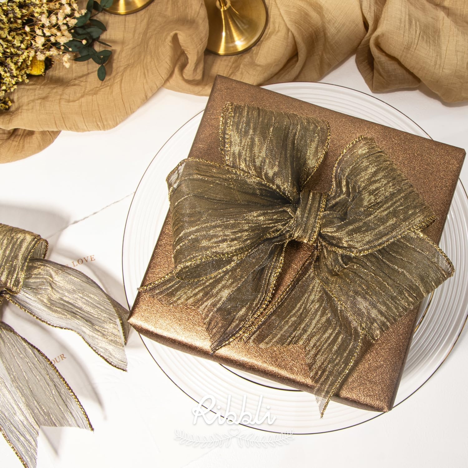 Ribbli Gold Crinkled Wired Ribbon 2.5 Inch with Metallic Wavy Christmas Ribbon for Cristmas Tree Topper Bow Wreaths Swags Gift Wrapping Wedding Decoration-Countinuous 10 Yard(Copper)