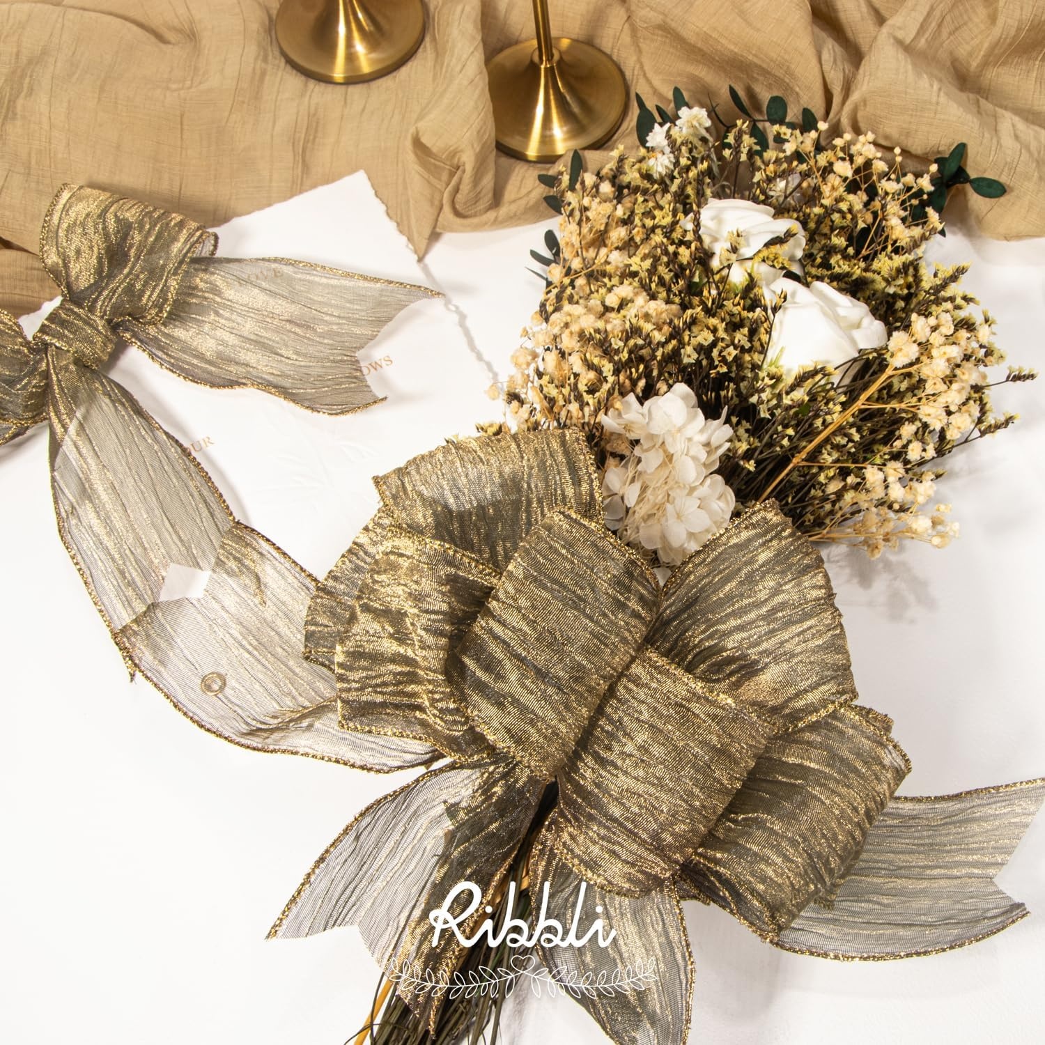 Ribbli Gold Crinkled Wired Ribbon 2.5 Inch with Metallic Wavy Christmas Ribbon for Cristmas Tree Topper Bow Wreaths Swags Gift Wrapping Wedding Decoration-Countinuous 10 Yard(Copper)