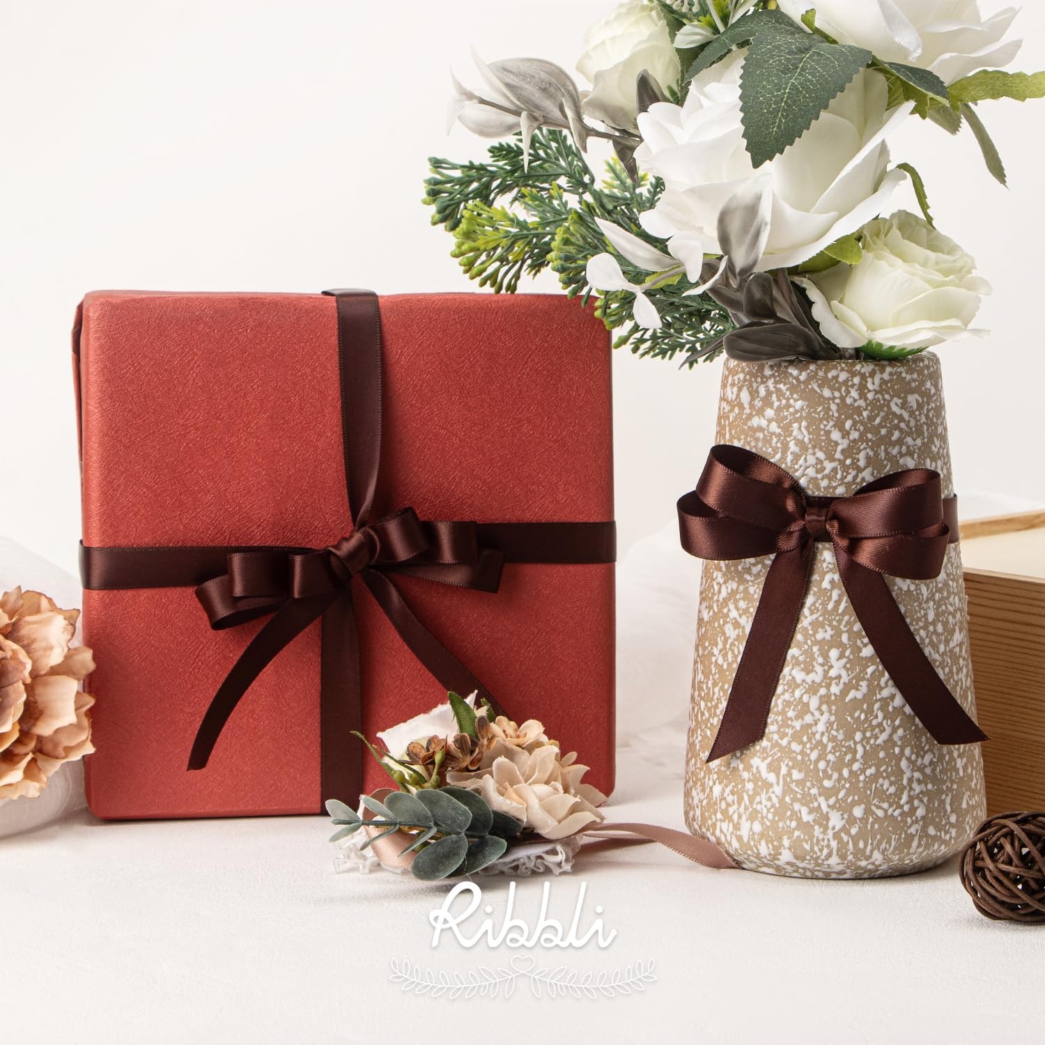 Ribbli Dusty Sage Satin Ribbon Double Faced Satin 1/2 inch x Continuous 50 Yards-Spring Moss Ribbon for Gift Wrapping Crafts Wedding Decoration Bows Bouquet Floral Arrangement(Brown Coffee)