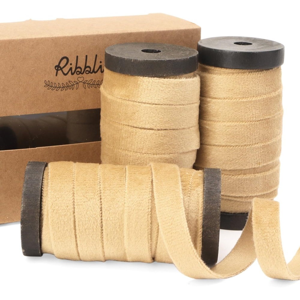 Ribbli Antique Gold Velvet Ribbon 3 Rolls Double Faced 3/8 Inch 18-Yard with Wooden Spool Use for Christmas Tree Ornaments Gift Wrapping Wreath Decoration Wedding Boutonnieres(Champagne)