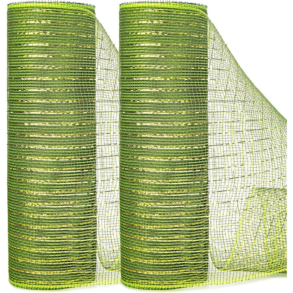 Ribbli 2 Rolls Burlap Mesh Ribbon,10 inch x 30 feet(10Yard) Each Roll,Natural with Jute,Use for Wreath Swags and Decorating(Moss Green/Gold)
