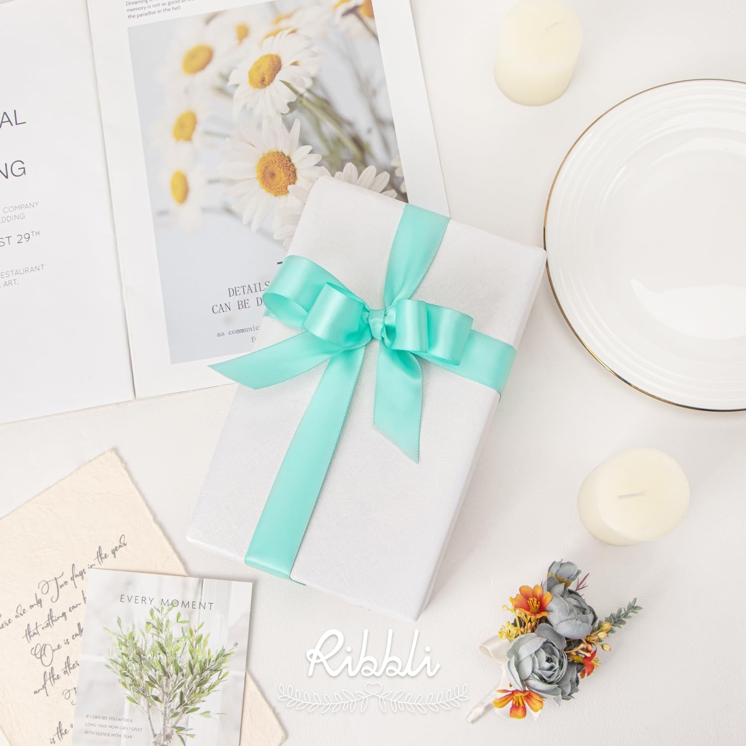 Ribbli Double Faced Rose Gold Satin Ribbon,3/8 x Continuous 25 Yards,Use for Bows Bouquet,Gift Wrapping,Floral Arrangement(Blue Aqua)