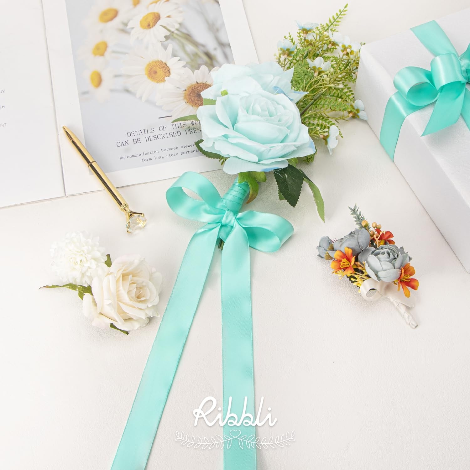 Ribbli Double Faced Rose Gold Satin Ribbon,3/8 x Continuous 25 Yards,Use for Bows Bouquet,Gift Wrapping,Floral Arrangement(Blue Aqua)