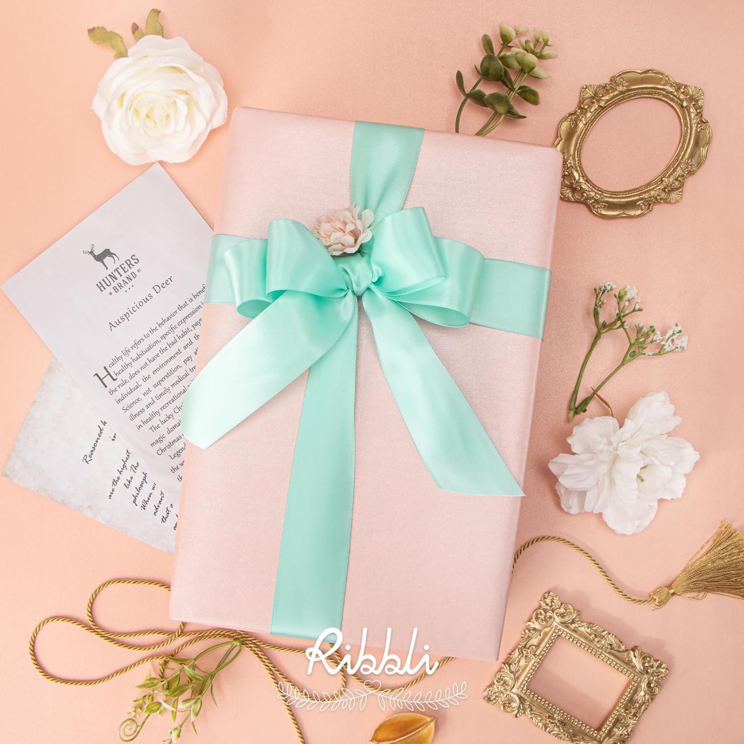 Ribbli Double Faced Rose Gold Satin Ribbon,3/8 x Continuous 25 Yards,Use for Bows Bouquet,Gift Wrapping,Floral Arrangement(Blue Aqua)